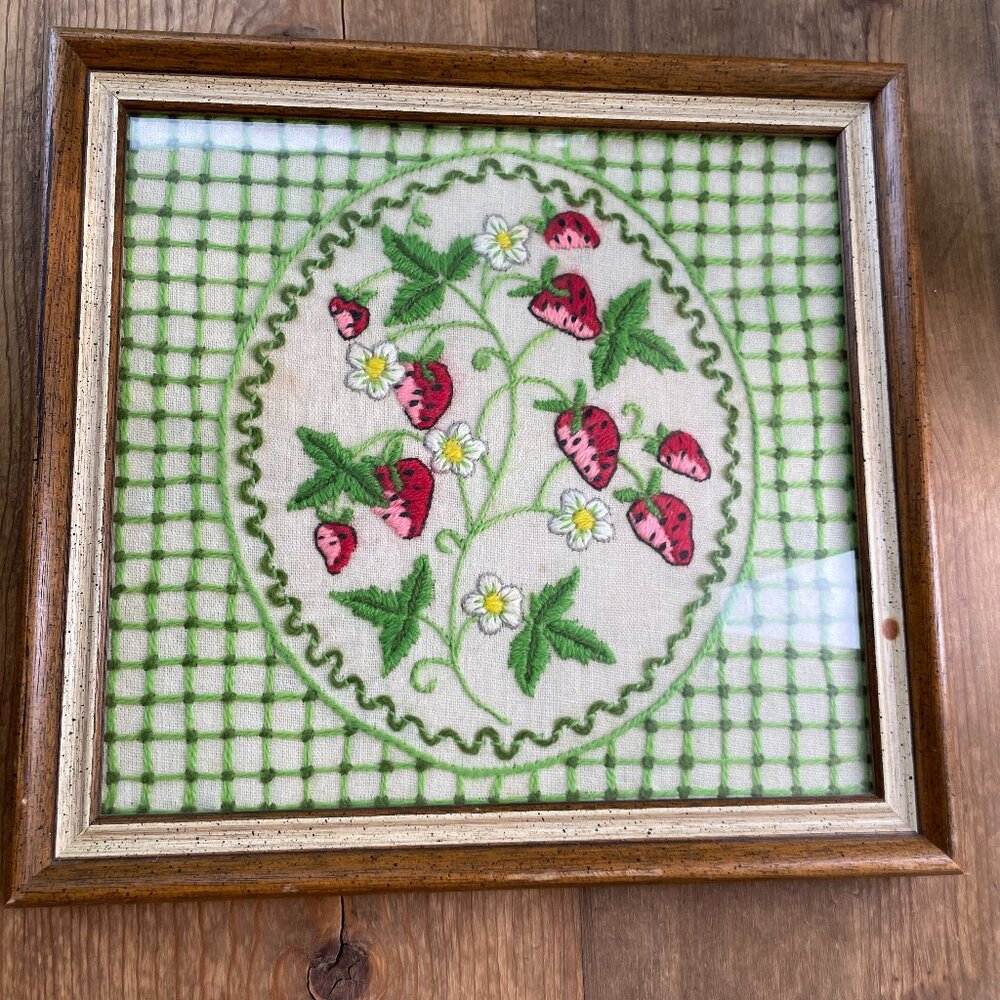 Vintage Crewel Embroidery Framed Strawberries Retro Cottage Core 12 X 12